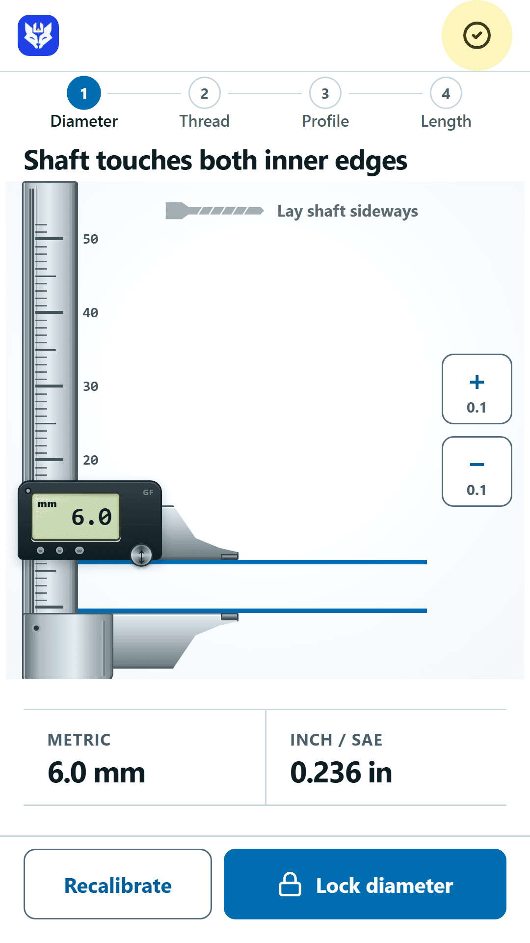 Current GaugeFox diameter tool with an explicit measurement Lock control