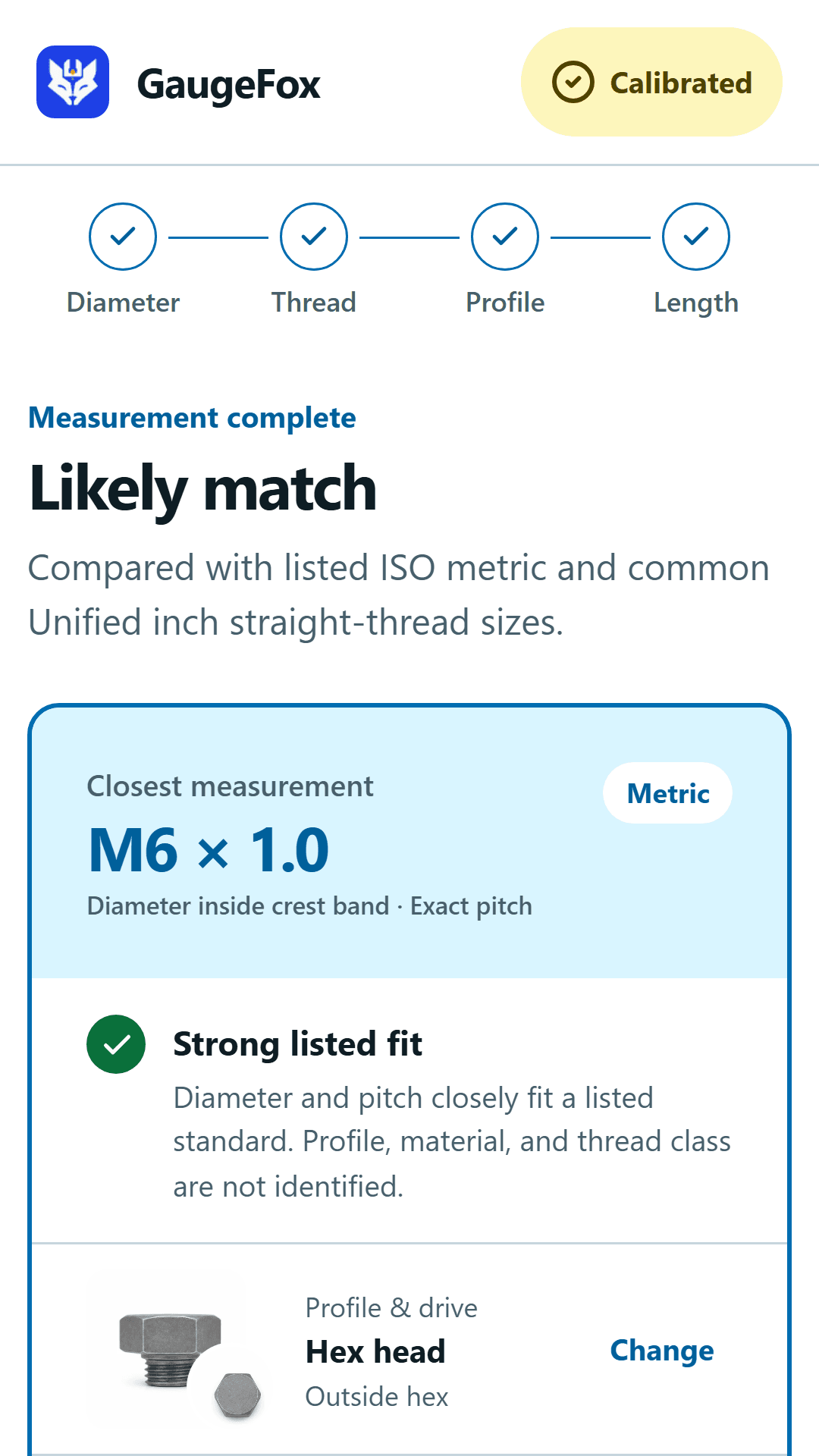 GaugeFox result screen showing a likely M6 by 1.0 fastener match