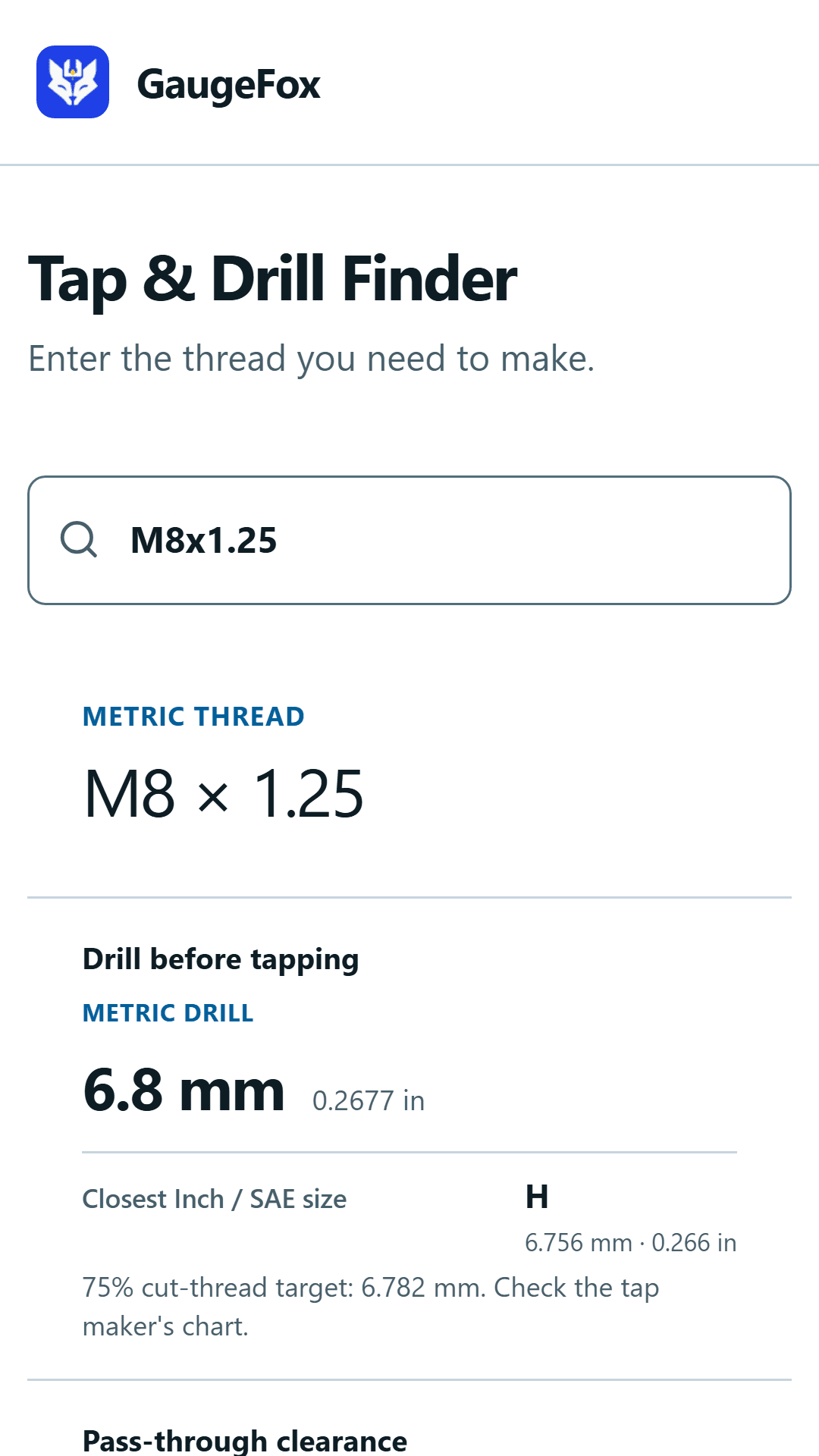 GaugeFox Tap and Drill Finder showing the drill size and clearance holes for an M8 by 1.25 thread