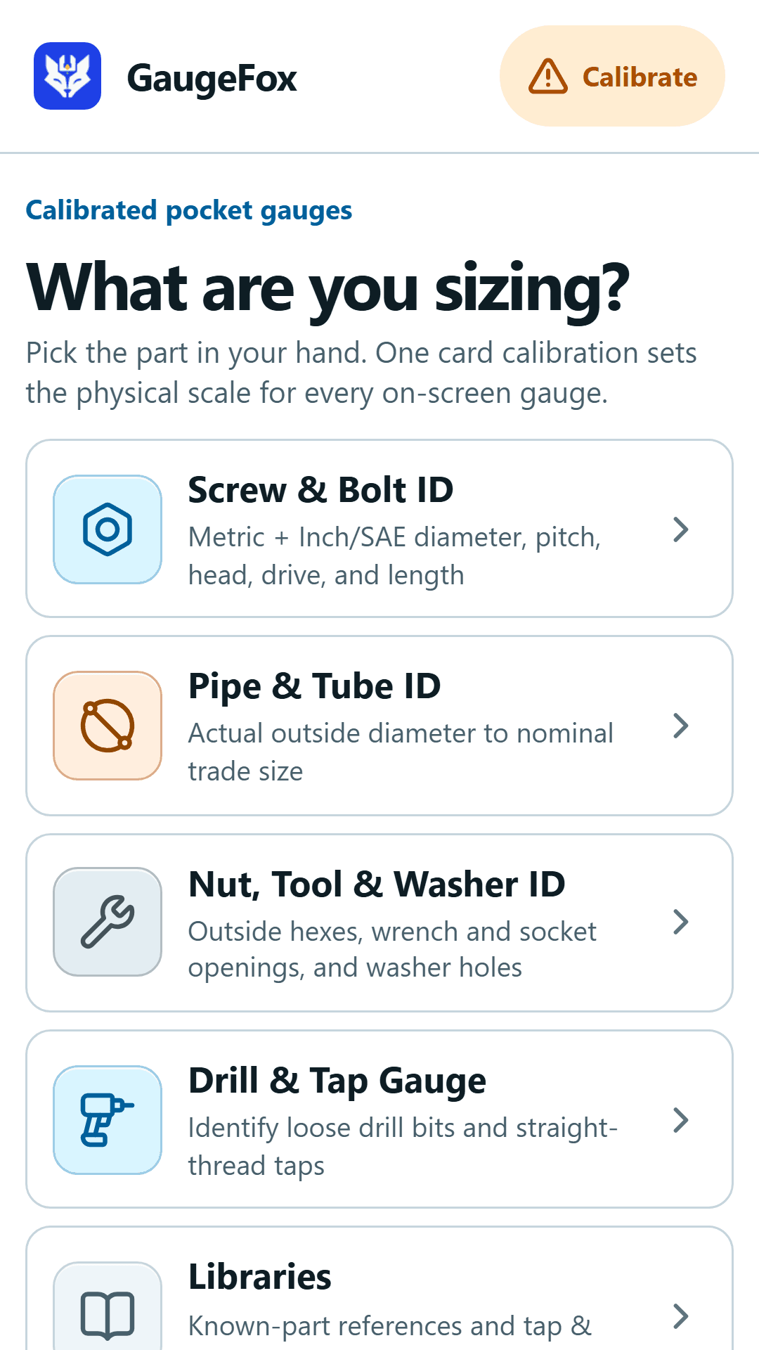 Current GaugeFox home screen listing measurement, reference, and Other tools