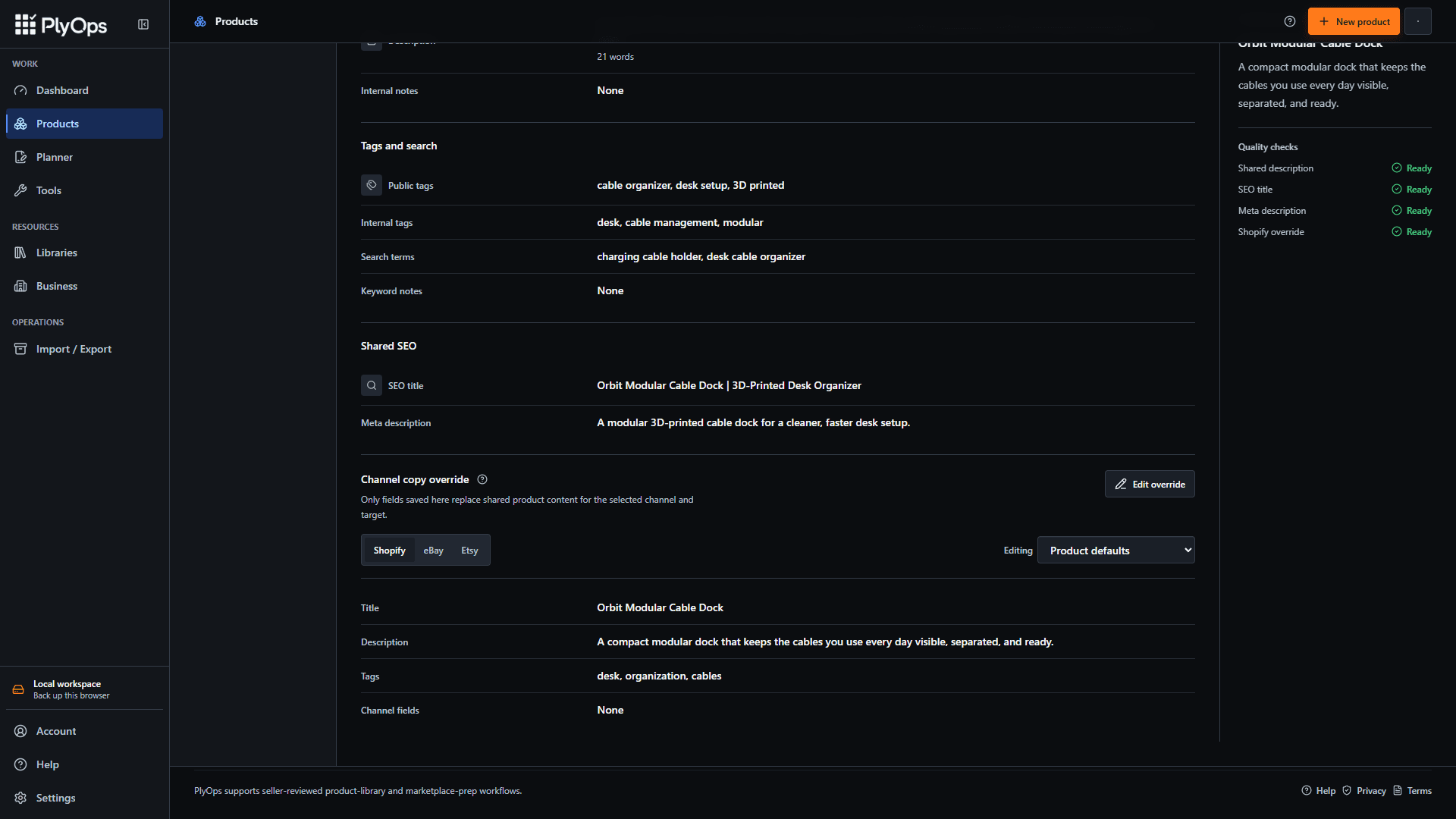 PlyOps product workspace showing shared product information and channel-specific listing fields
